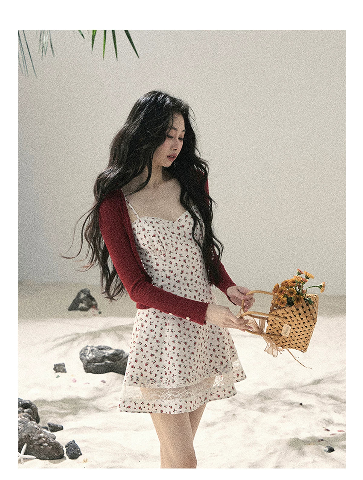 "Blooming Rose Reverie" Cloud White Floral Lace Mini Dress & Burgundy Wine Cardigan 56483