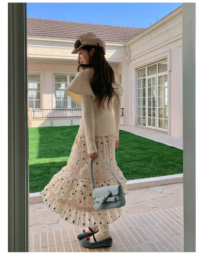 “Starlight Tulle Reverie” Apricot Polka Dot Mesh Skirt