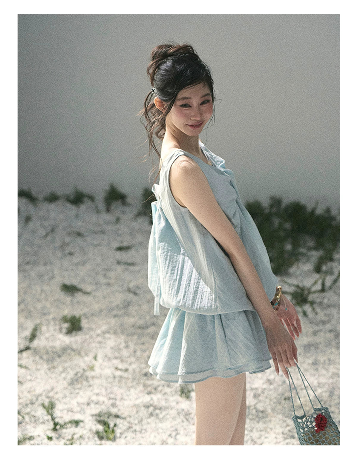 “Whispering Grass” Moonlight Blue Twist Mini Dress