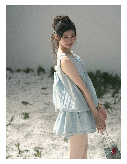 “Whispering Grass” Moonlight Blue Twist Mini Dress