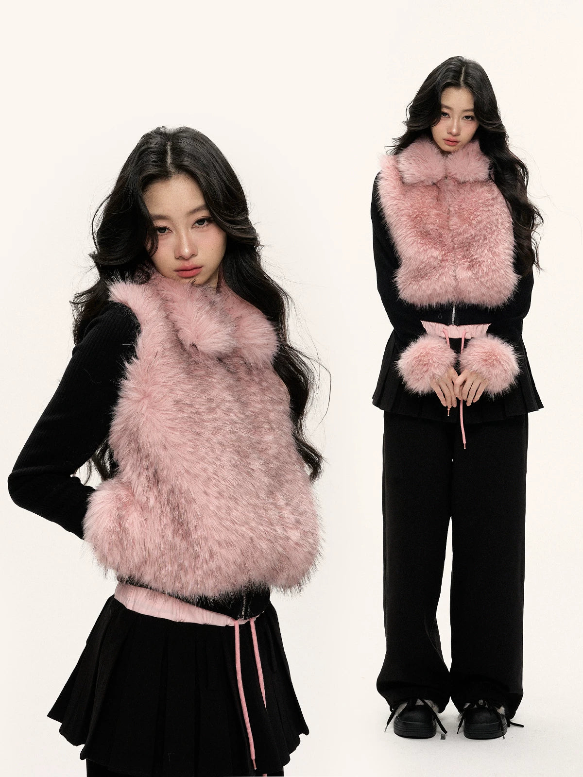 JN's DESIGN - Black & Pink Color-Block Faux Fur Jacket