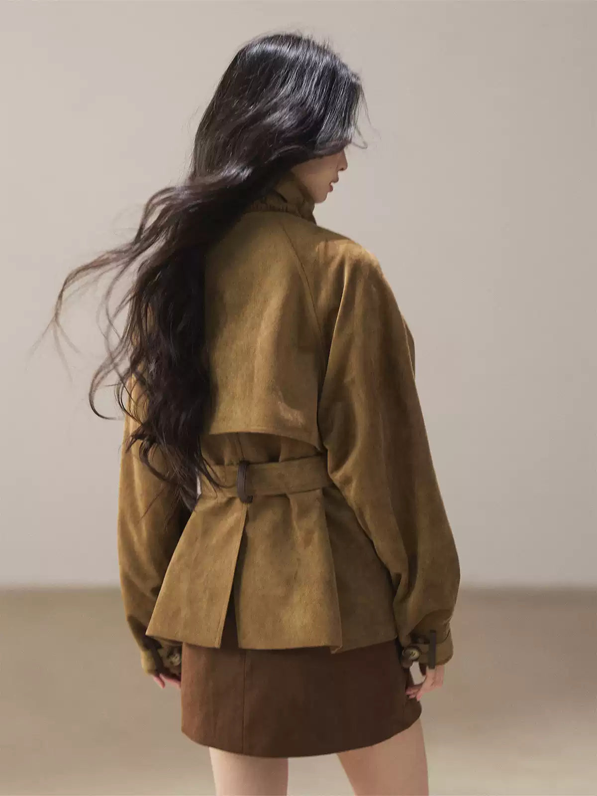 AOMALM - Chestnut Brown Faux-Suede Cropped Utility Coat with Belt