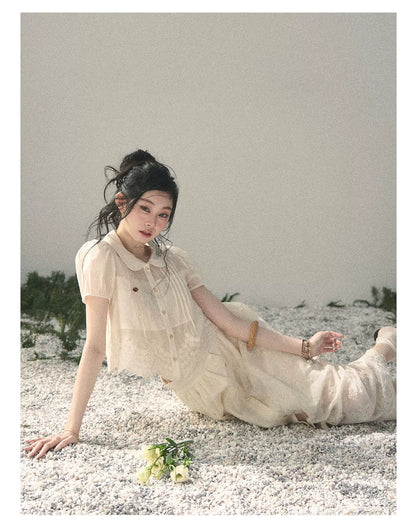 "Apricot Blossom After Rain" Dutch Cheese Lace Blouse & Maxi Skirt Set 532453