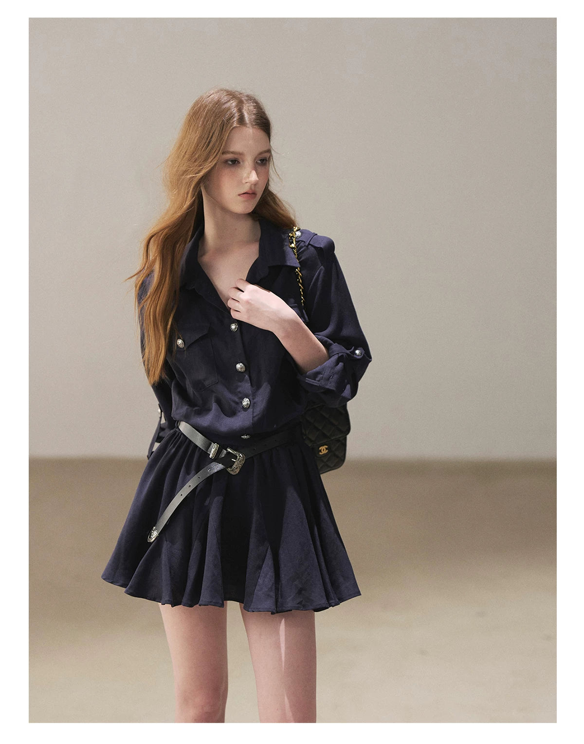 AOMALM - "Moonlight Sinks into the Sea" High-Intellect Utility Shirt Dress (Plain White / Navy Blue, with Belt & Optional Shawl)