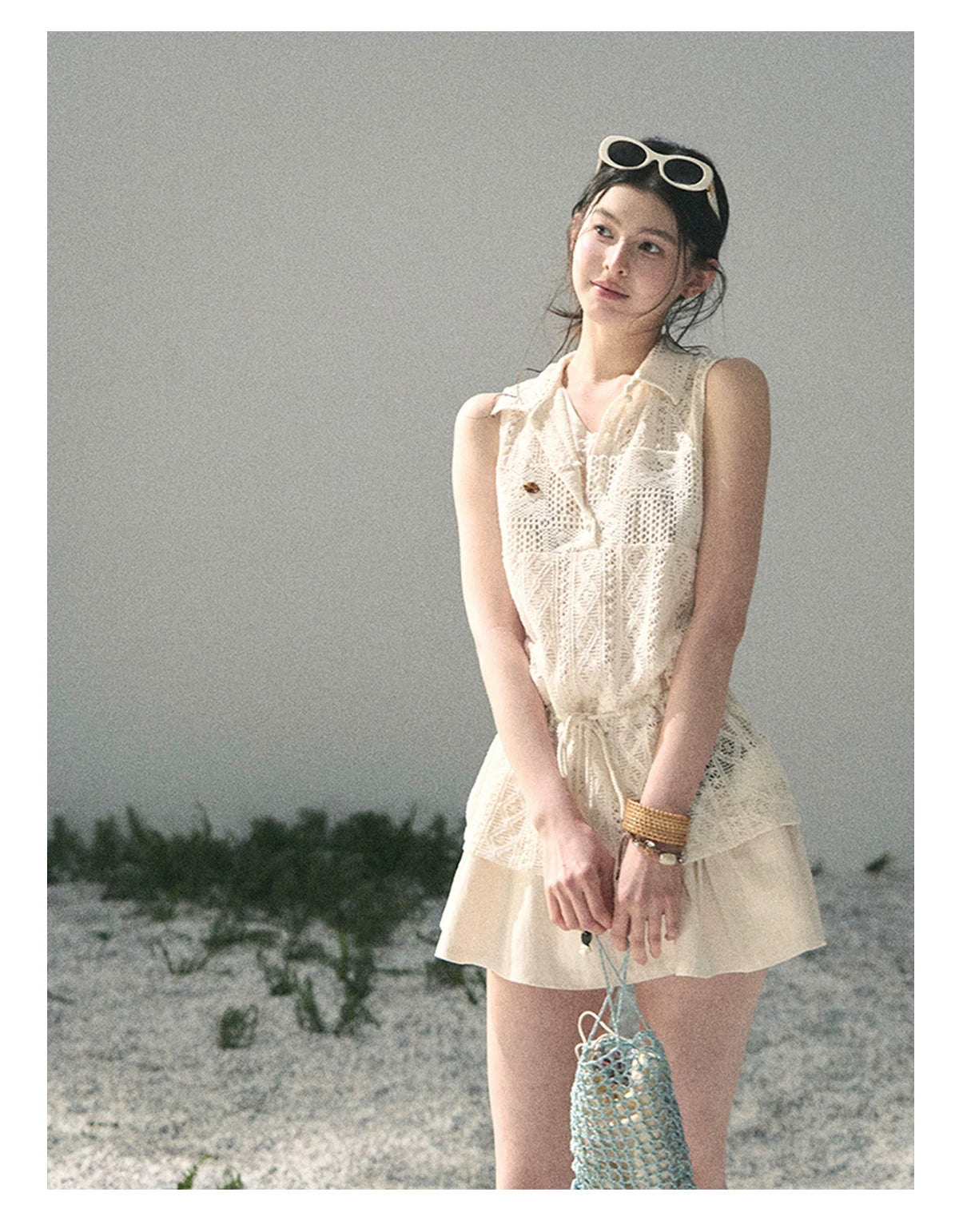 “Summer Breeze Kissing the Hem” Ivory Lace Layered Sleeveless Top