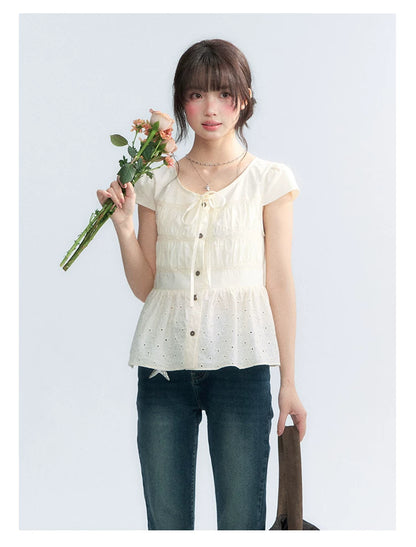 "Vintage Ribbon" Beige Bow Tie Lace Trim Blouse