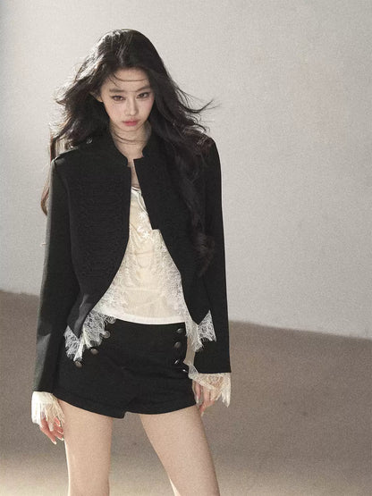 AOMALM - Black Lace Trim Cropped Jacket & Shorts Set