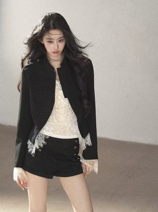 AOMALM - Black Lace Trim Cropped Jacket & Shorts Set