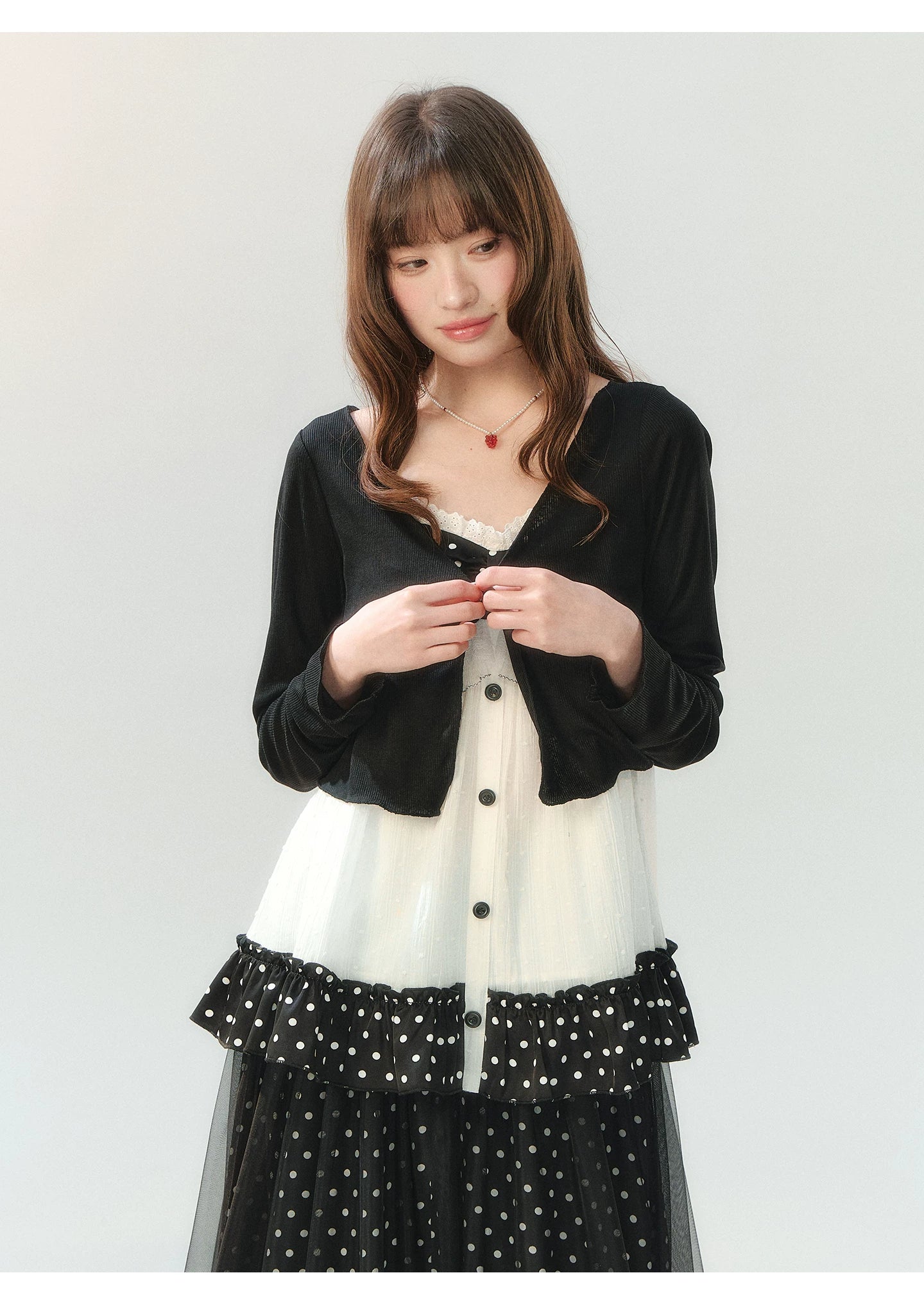 "Midnight Sweet Isle" Black Polka Dot Lace Two-Piece Skirt Set LL2026208