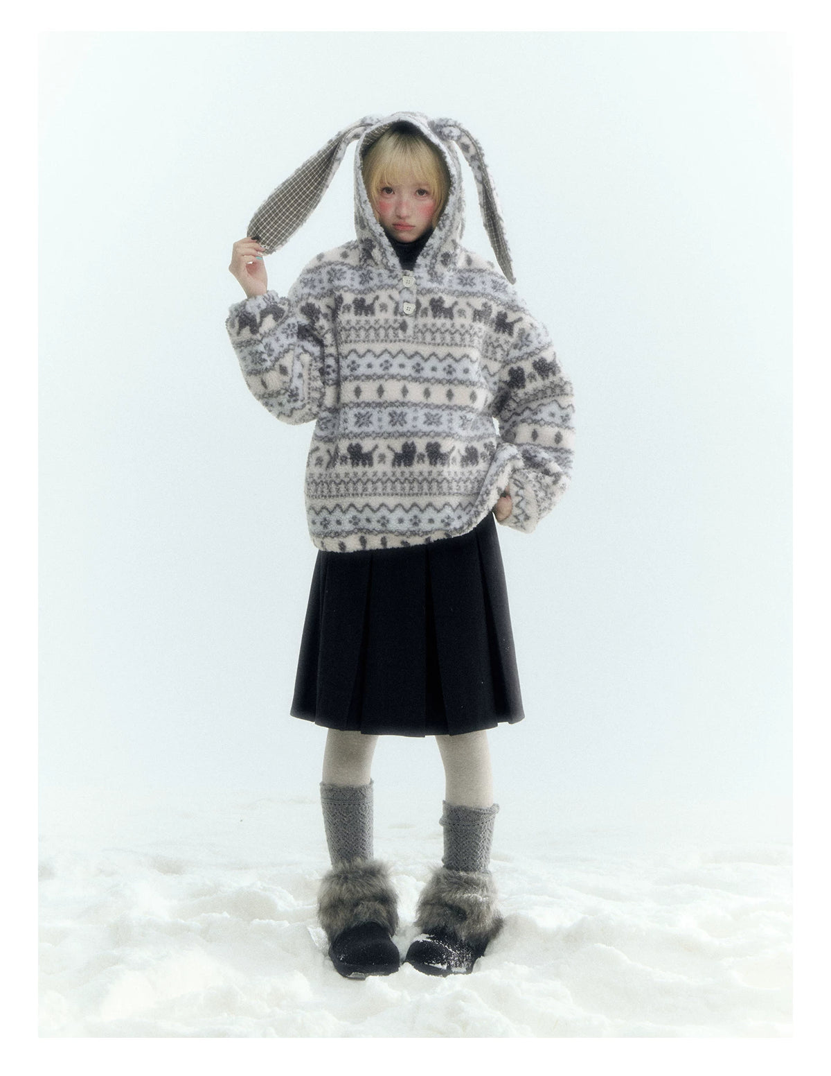 Horridale - Pink Fair Isle Cat Sherpa Fleece Hoodie with Bunny Ears
