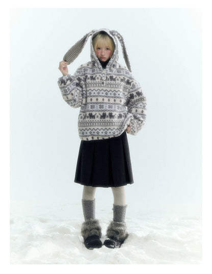 Horridale - Pink Fair Isle Cat Sherpa Fleece Hoodie with Bunny Ears