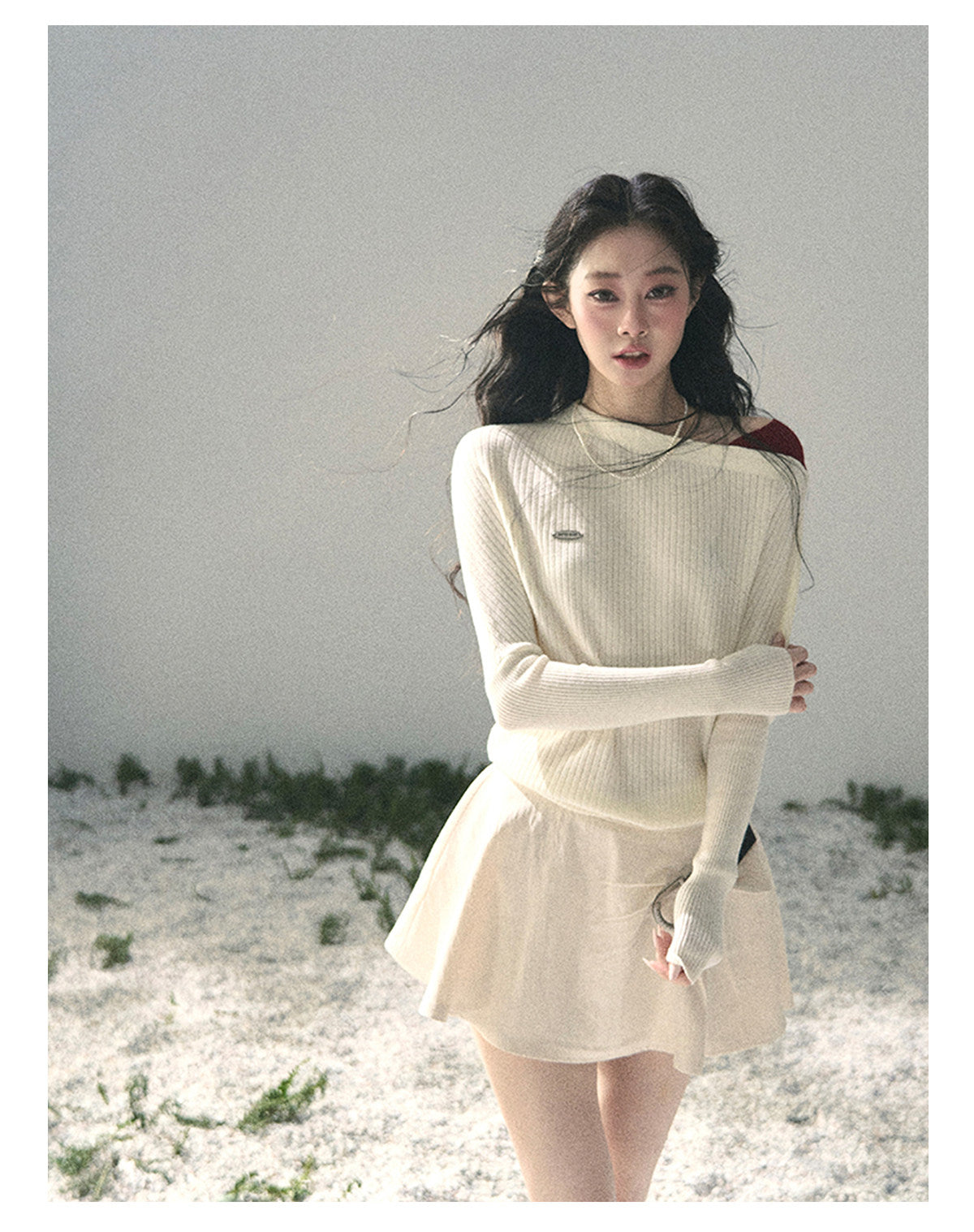 “Ashes of Yesterday” Moonstone White Off-Shoulder Layered Knit Top