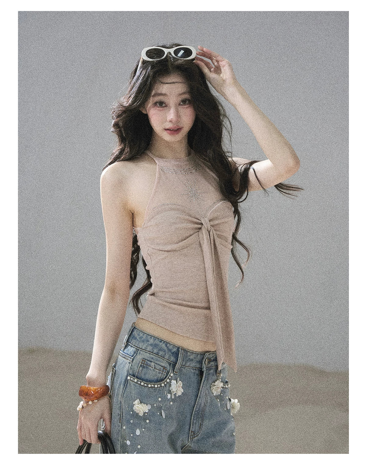 "Galaxy in Your Eyes" Milk Tea Halter Mesh Knit Top
