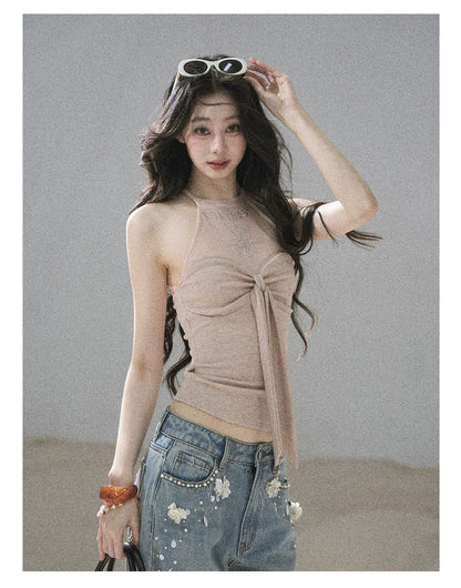 "Galaxy in Your Eyes" Milk Tea Halter Mesh Knit Top