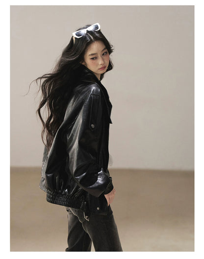 AOMALM - "Solo Journey" Quiet Black Oversized PU Moto Jacket