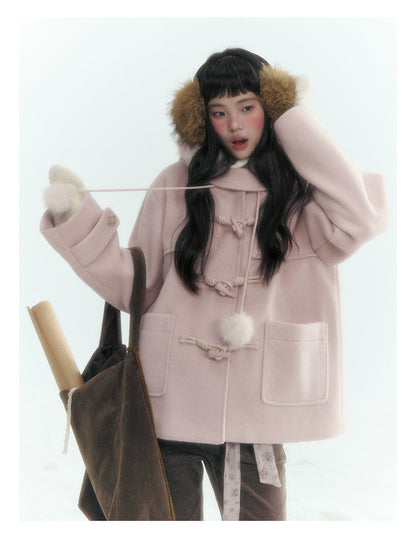 Horridale - Preppy Hooded Wool-Blend Duffle Coat with Pom-Pom Details – Mist Pink
