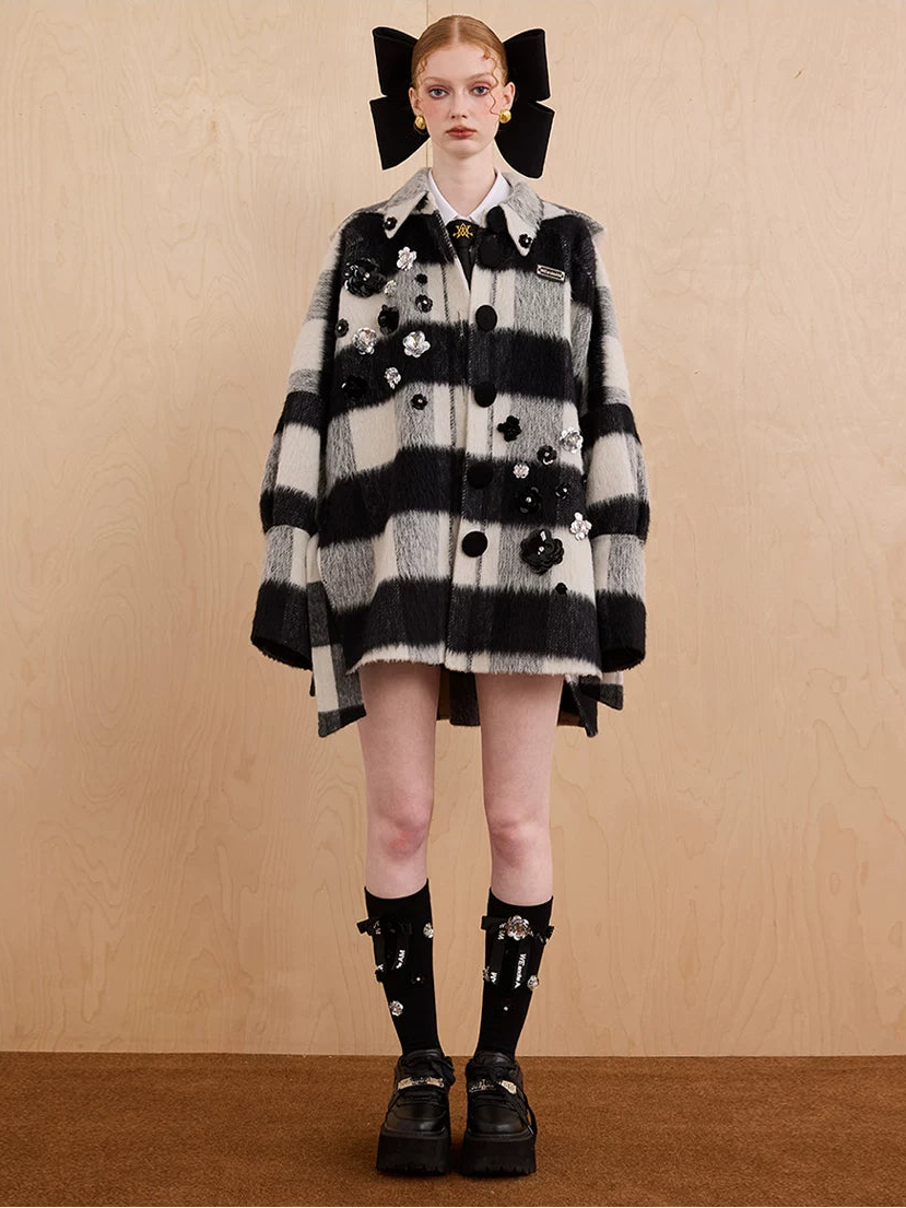 WEANCHEAM Wool Cape Coat | Cat-Ear Hood & Bow Details (Solid Camel/ Black Check)