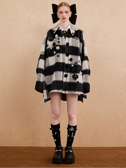 WEANCHEAM Wool Cape Coat | Cat-Ear Hood & Bow Details (Solid Camel/ Black Check)