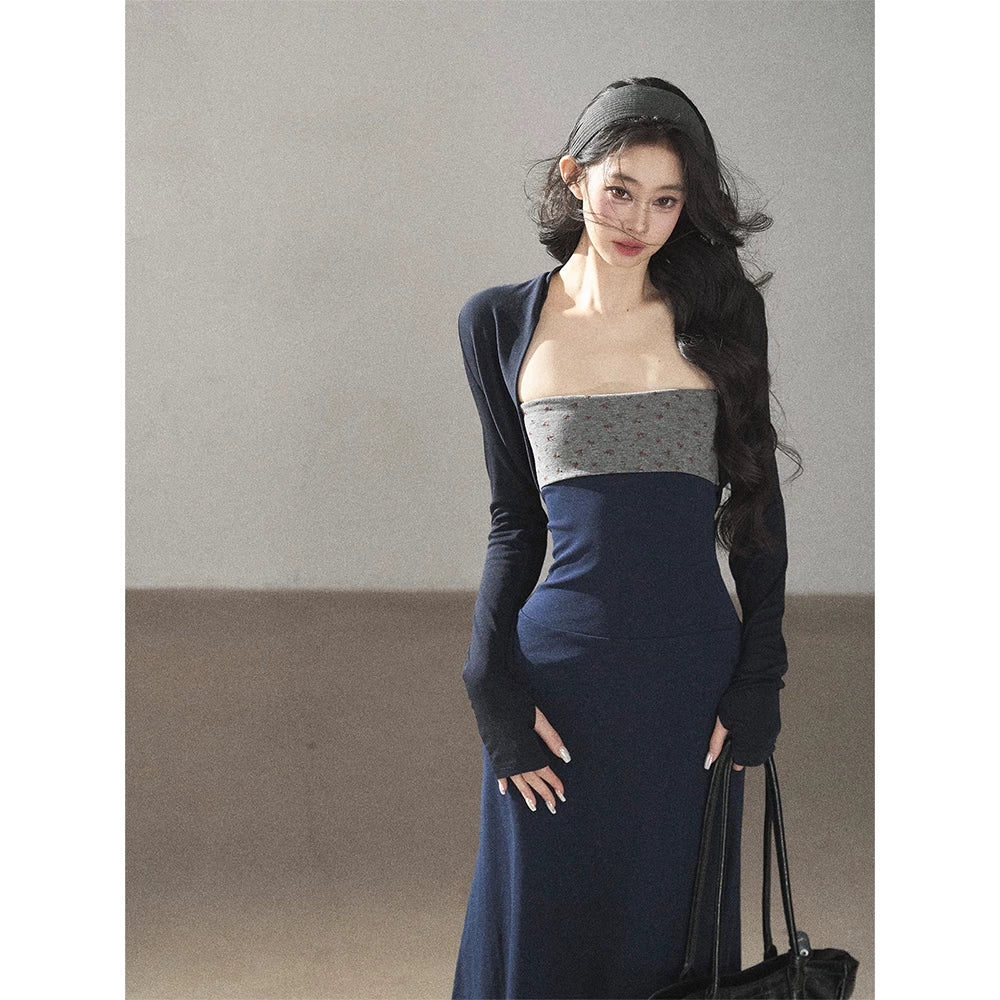 AOMALM - Iris Blue Two-Piece Dress Set – Strapless Maxi with Long Sleeve Cardigan