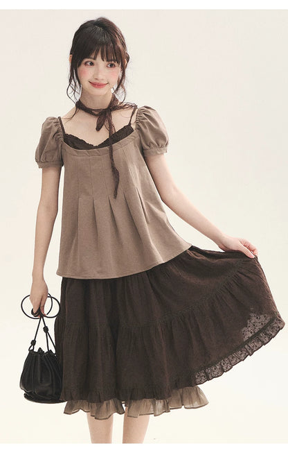 "Tea Brown Reverie" Tea Brown Off-Shoulder Puff Sleeve Knit Top