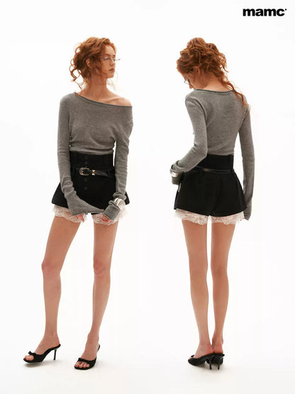 MAMC - Vintage Fitted Long-Sleeve Knit Top (Blue / Gray)