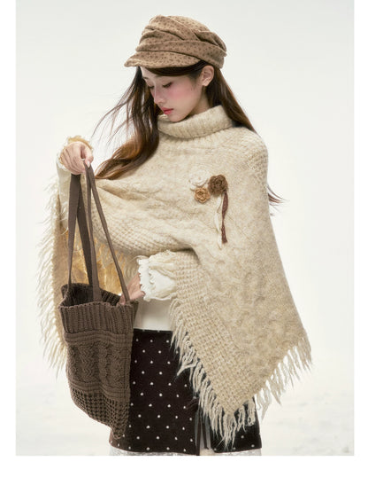 BIBIBENCY - Ivory Knit Cape Shawl with Fringe Trim