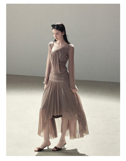 170726 "Waiting for Autumn Rain" Silver Mouse Gray Off-Shoulder Pleated Skirt Set
