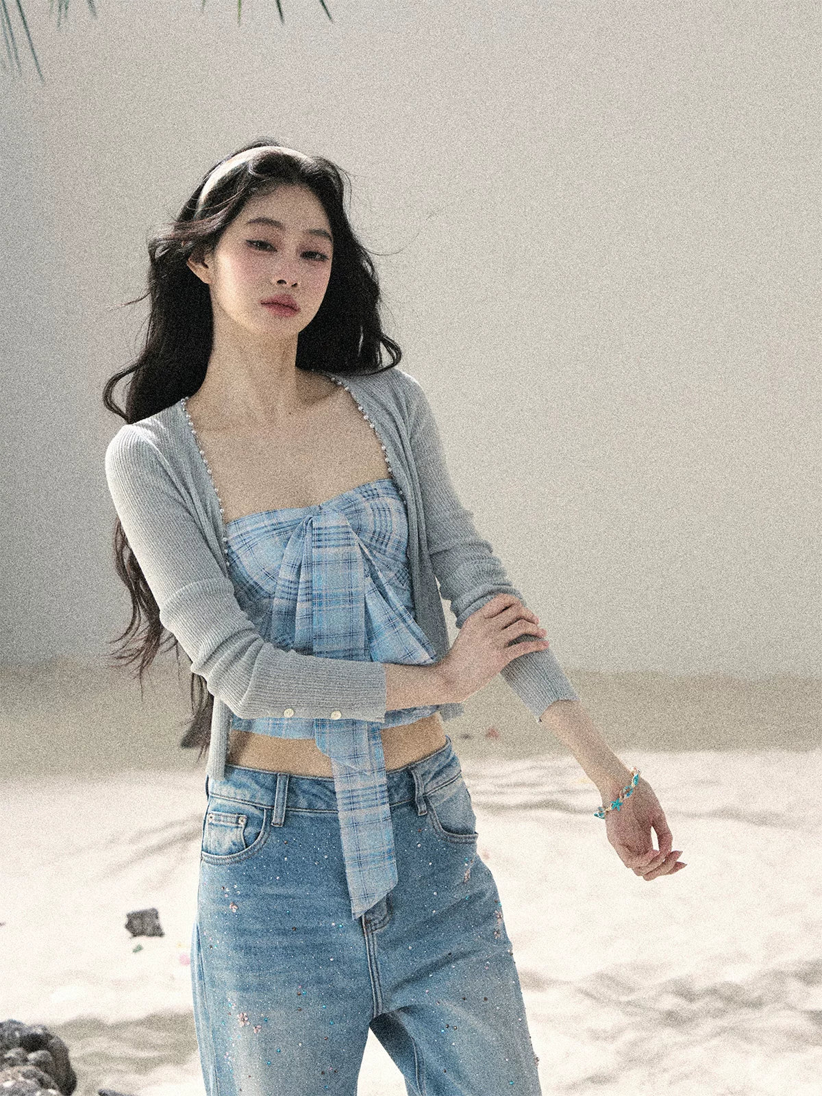 "Blue Danube Reverie" Mist Blue Bow Bandeau Crop Top & Cardigan Set 54638463
