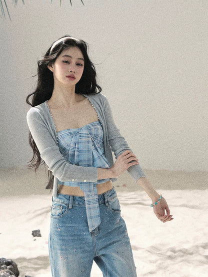 "Blue Danube Reverie" Mist Blue Bow Bandeau Crop Top & Cardigan Set 54638463