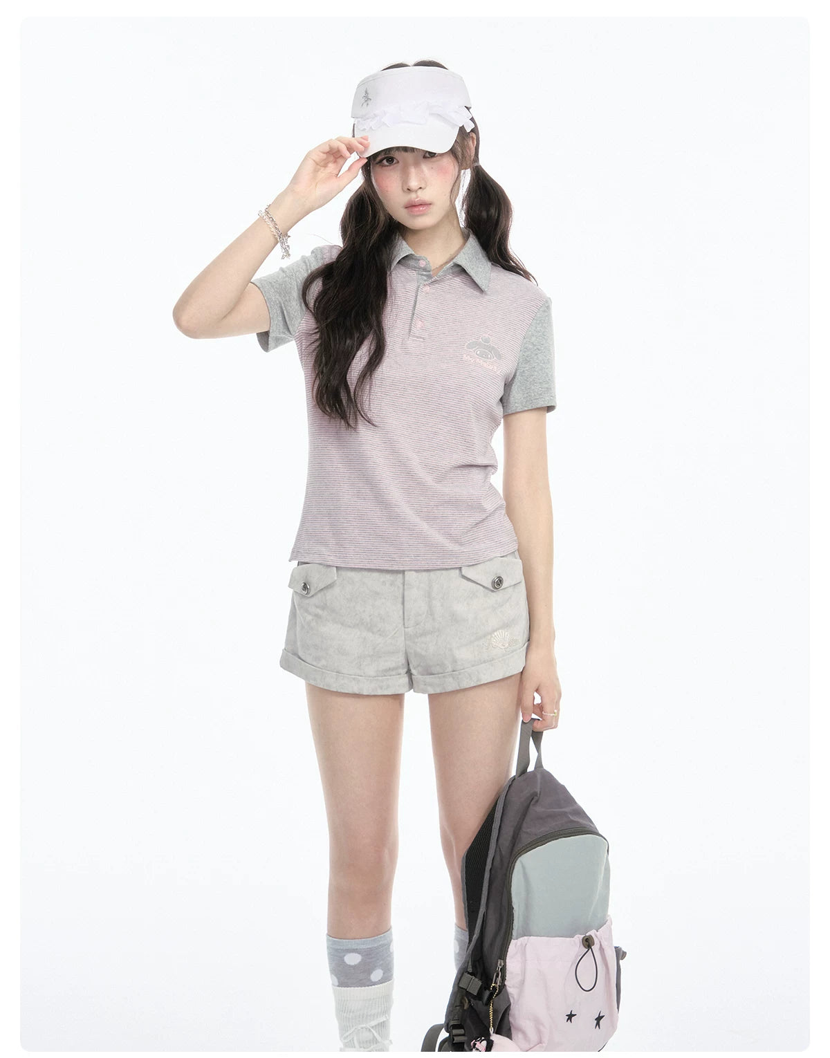 Contrast Stripe Light Gray Pink Polo Collar Short Sleeve Top / Shorts