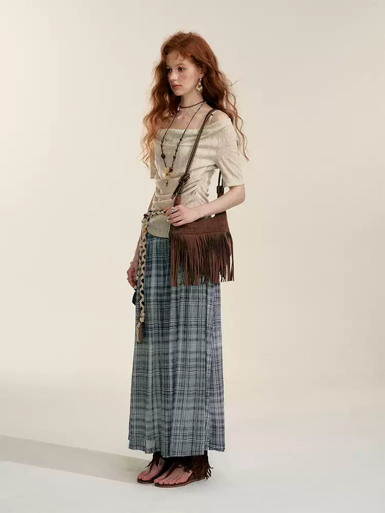 Gray Contrast Plaid A-Line Maxi Skirt