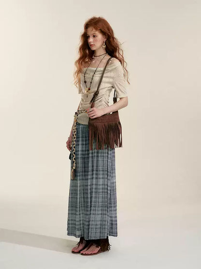 Gray Contrast Plaid A-Line Maxi Skirt