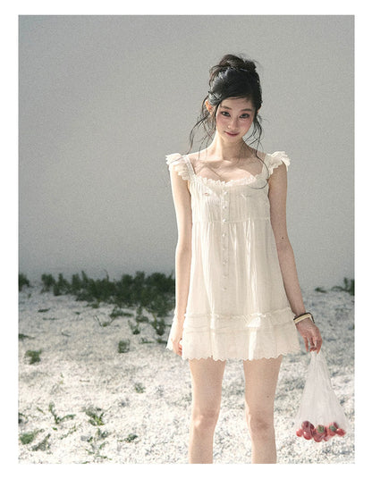 "Shimmer Along the Hem" Cloud White Lace Flutter Sleeve Babydoll Mini Dress 53413