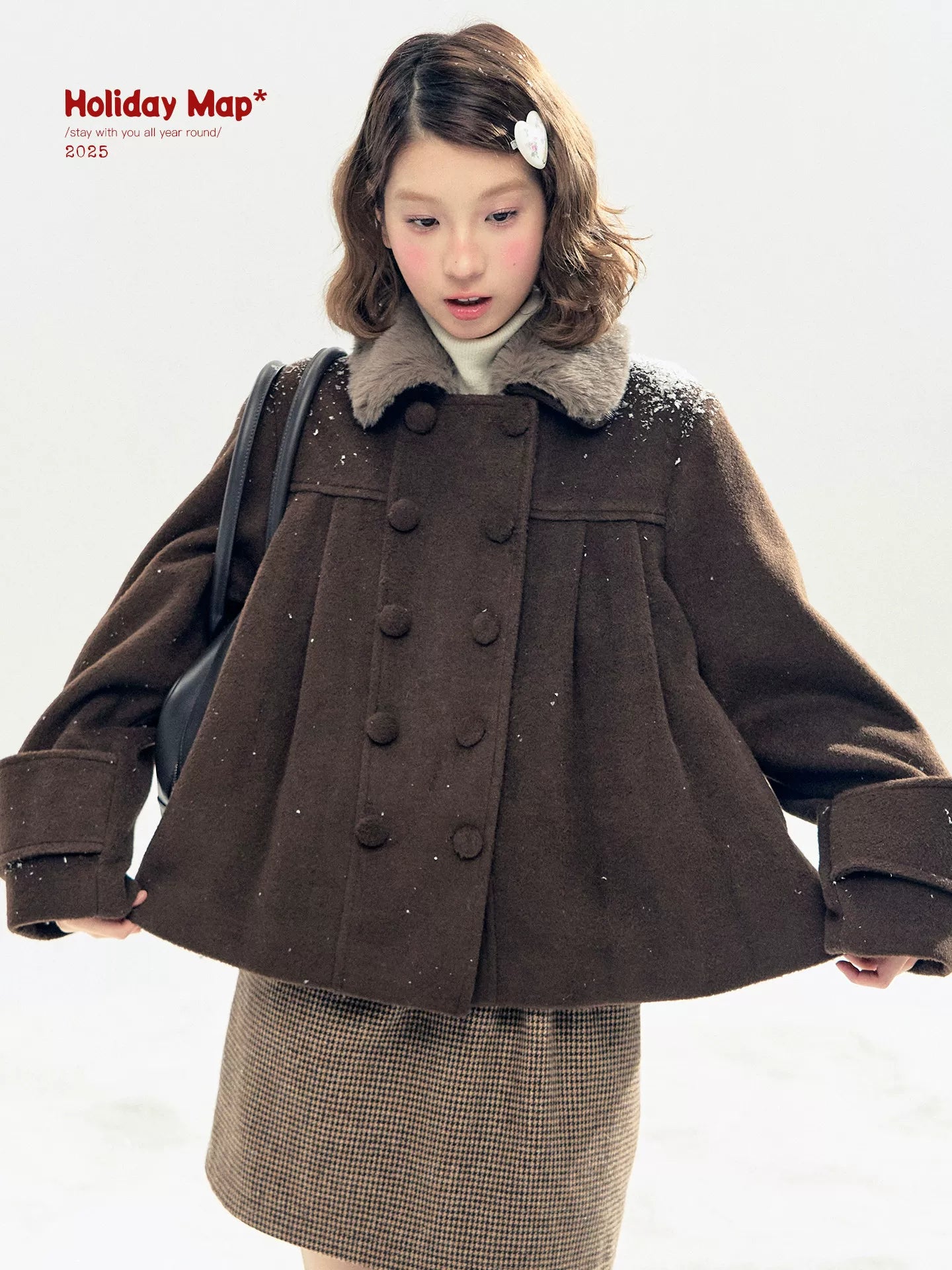 "Berlin Snowfall" Double-Breasted Quilted Wool-Blend Peacoat (Ivory/ Chocolate Brown)