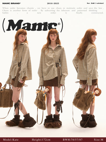 MAMC - Taupe Houndstooth Ring-Belt Shirt – Cinched Waist Fall Streetwear Blouse