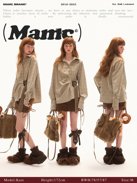 MAMC - Taupe Houndstooth Ring-Belt Shirt – Cinched Waist Fall Streetwear Blouse
