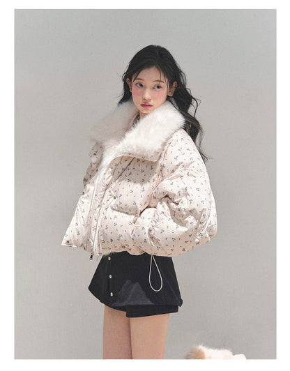 少也眼 Oatmeal Short Down Jacket with Detachable Faux-Fur Collar 784651