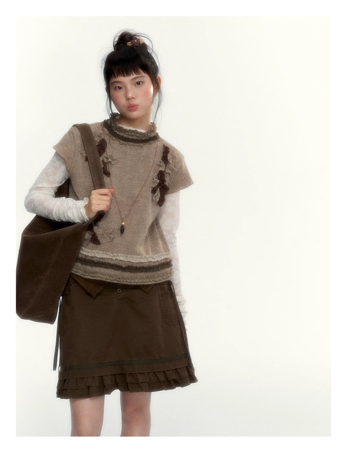 “Wild Caramel” Brown Washed Layered Ruffle Bow Pocket A-Line Skirt