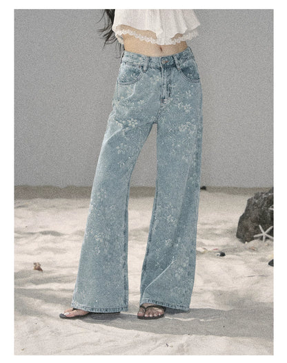 "Twinkling Starlight" Sky Blue Floral Rhinestone Wide-Leg Jeans