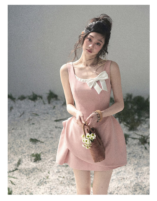 “Falling Sweetness” Ballet Pink Bow Mini Dress