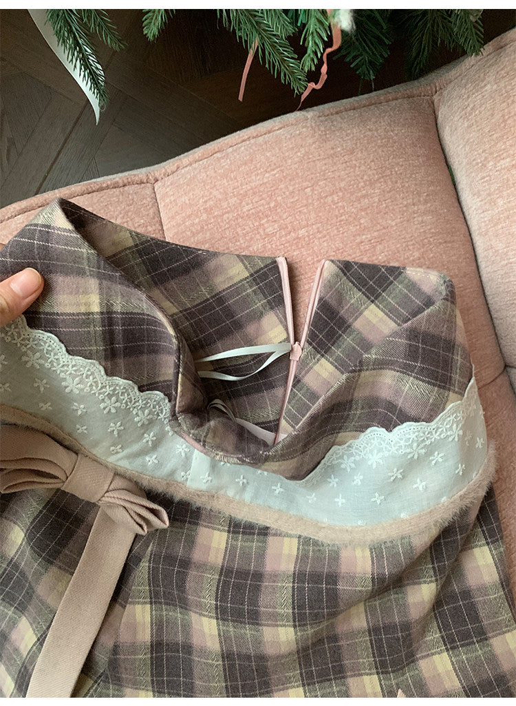 阮阮自制 - Love String Pink Plaid Wool Jacket & Mini Skirt Set