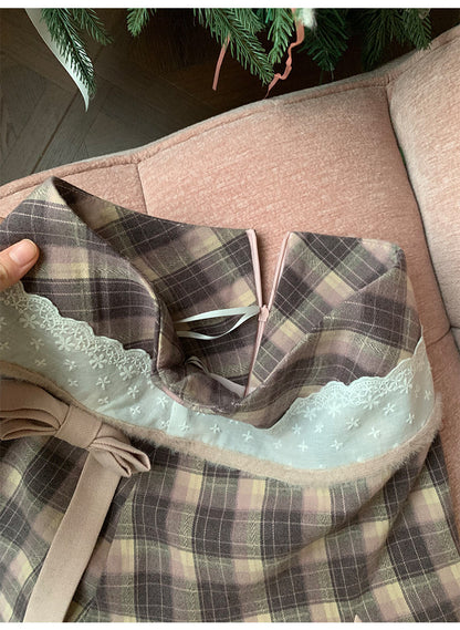 阮阮自制 - Love String Pink Plaid Wool Jacket & Mini Skirt Set