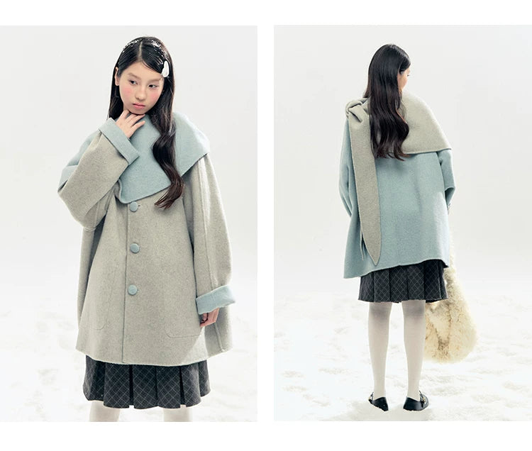 "Double Winter Embrace" Blue & Gray Reversible Wool-Blend Cape Coat