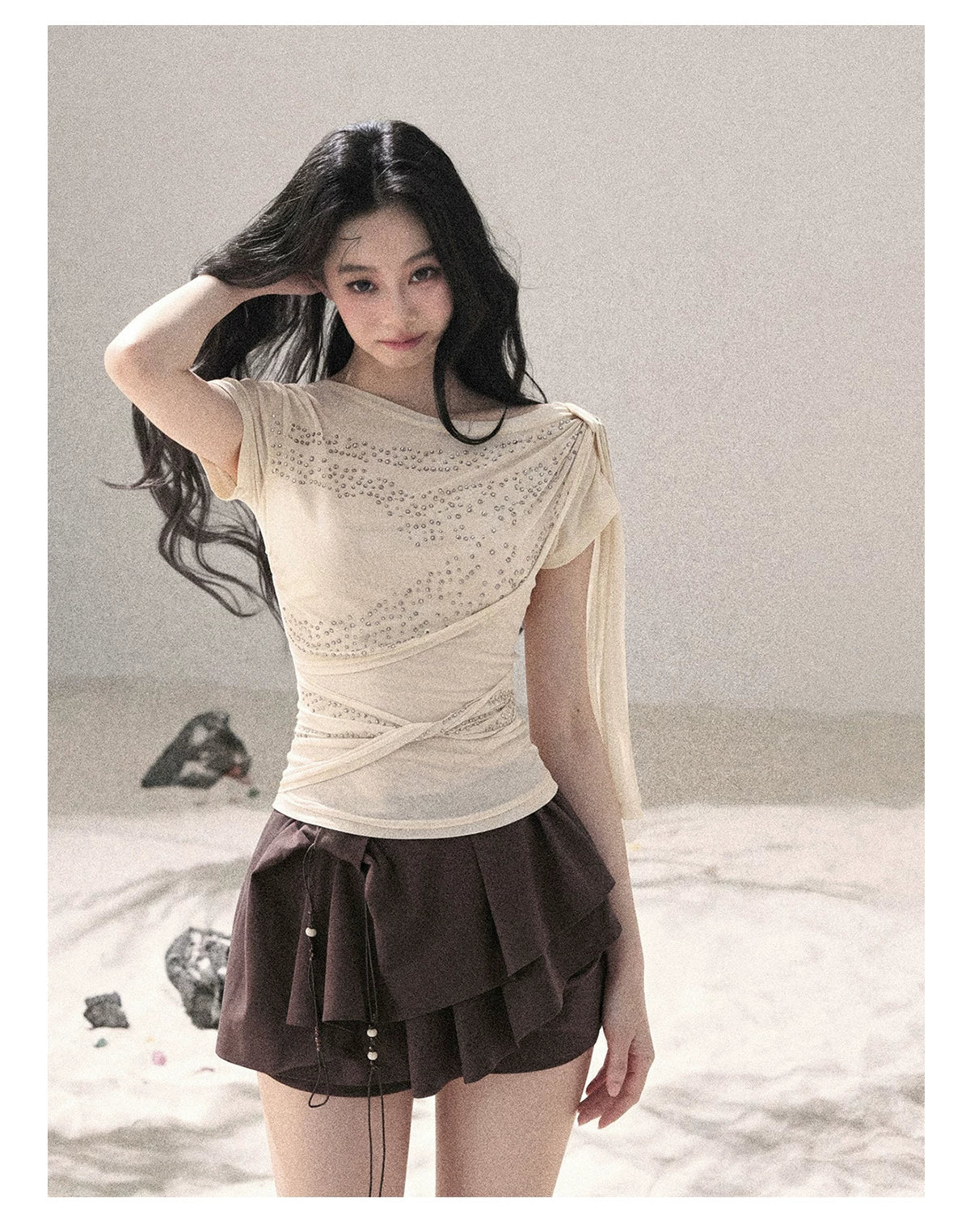 “Frosted Kiss” Dutch Cheese Crystal Mesh Short Sleeve Top