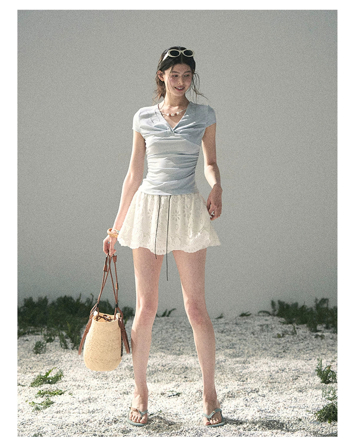 “Sheer Spring Whisper” Moonlight Blue Twist V-Neck Top