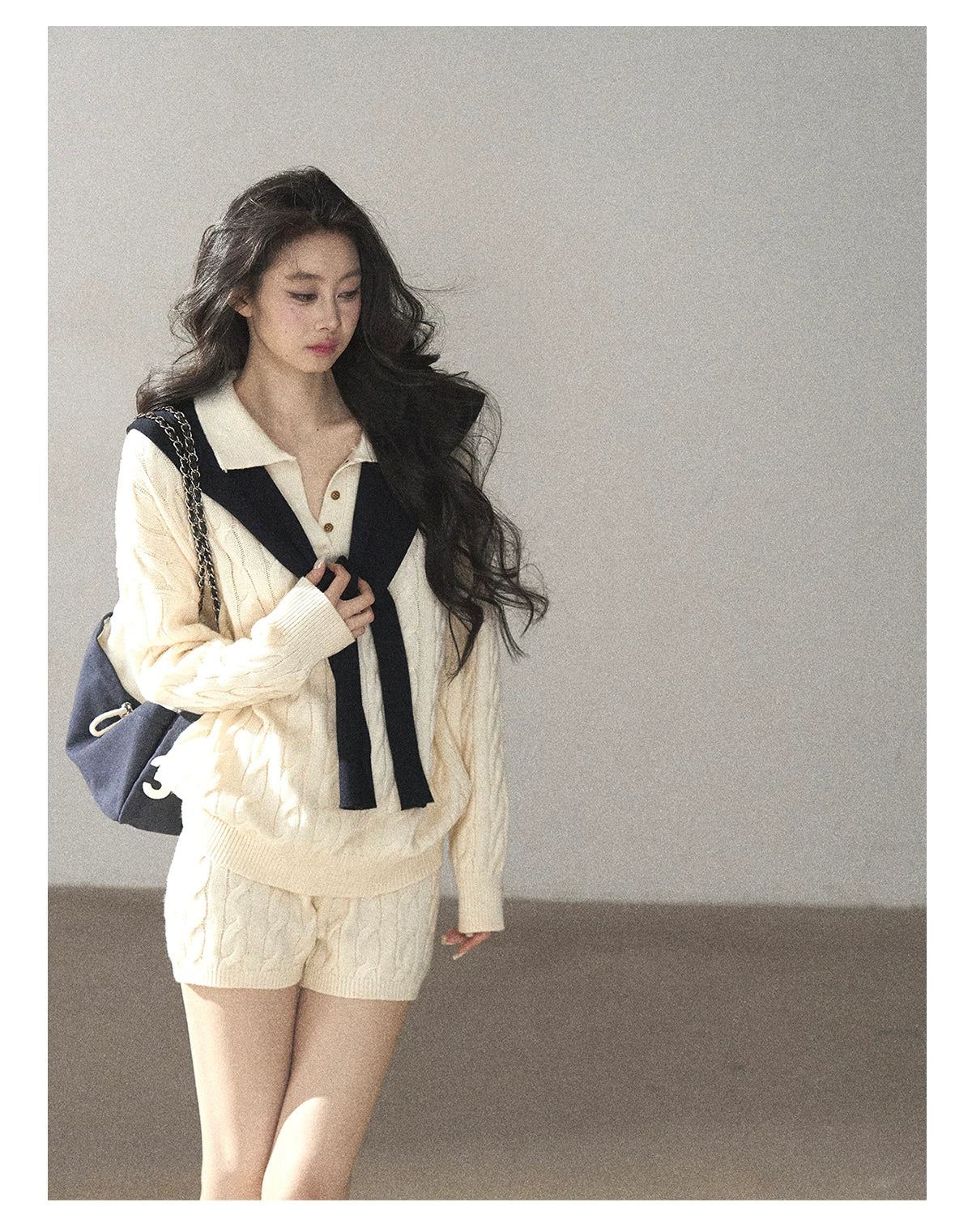 AOMALM - Dutch Cream Cable Knit Sweater & Shorts Set with Shawl