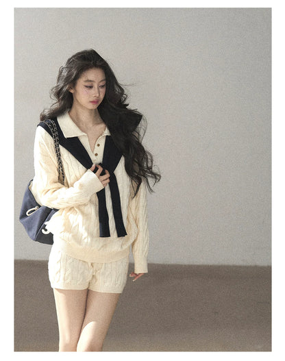 AOMALM - Dutch Cream Cable Knit Sweater & Shorts Set with Shawl