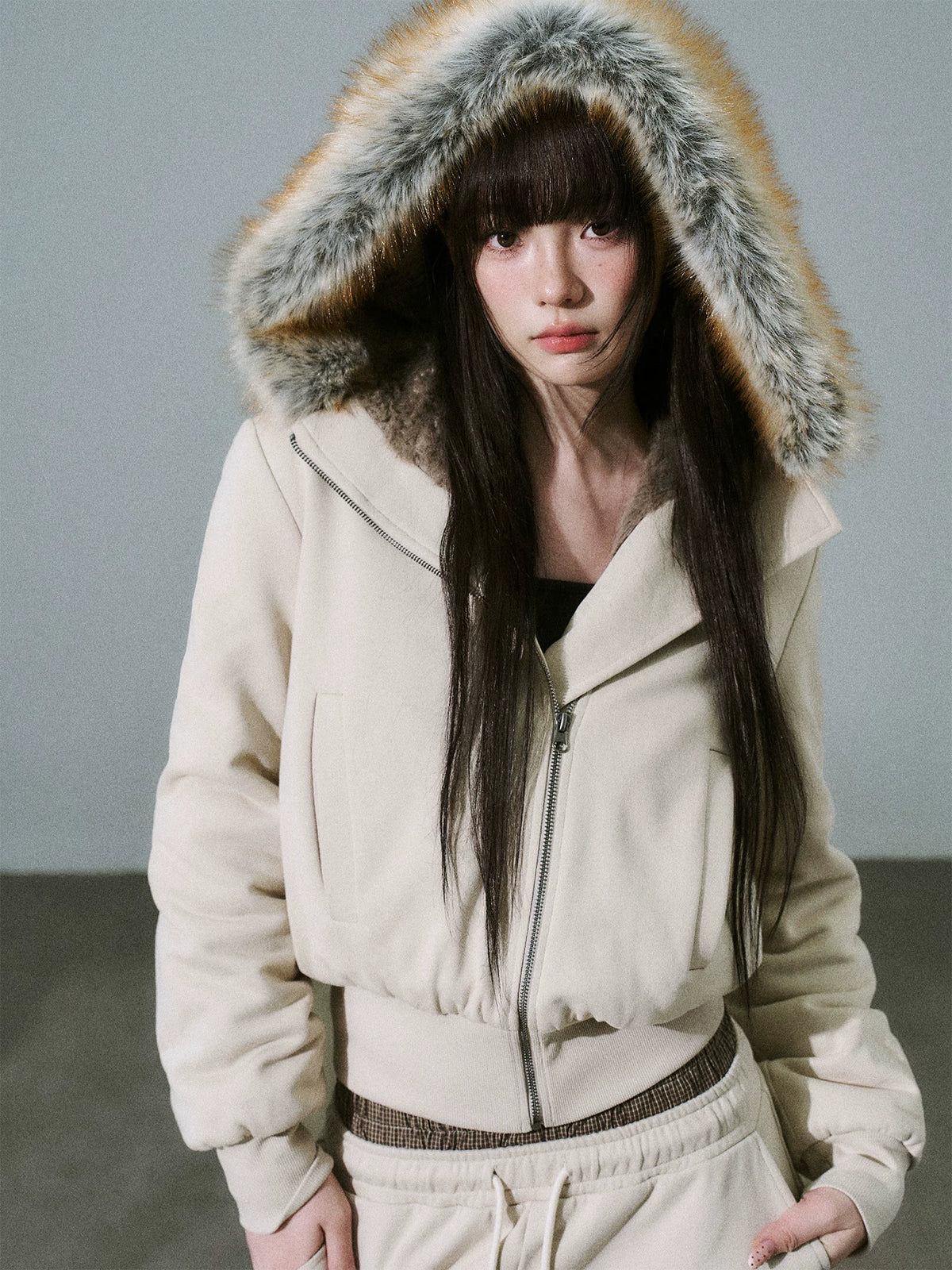 LOST FOREST - Milk Tea High-Waisted Fleece-Lined Sweatshirt Jacket