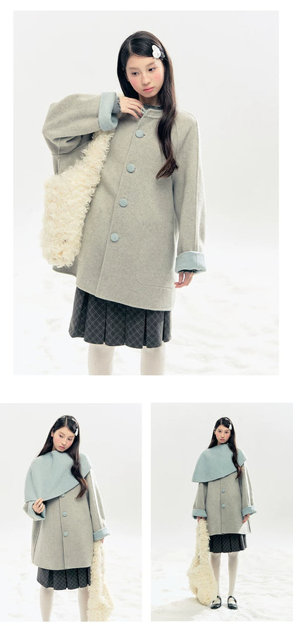 "Double Winter Embrace" Blue & Gray Reversible Wool-Blend Cape Coat