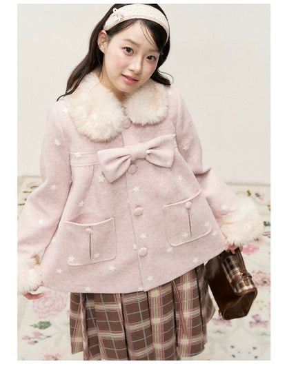 RF - Peach Pink Ombre Faux Fur Collar Wool-Look Jacket with Star Embroidery